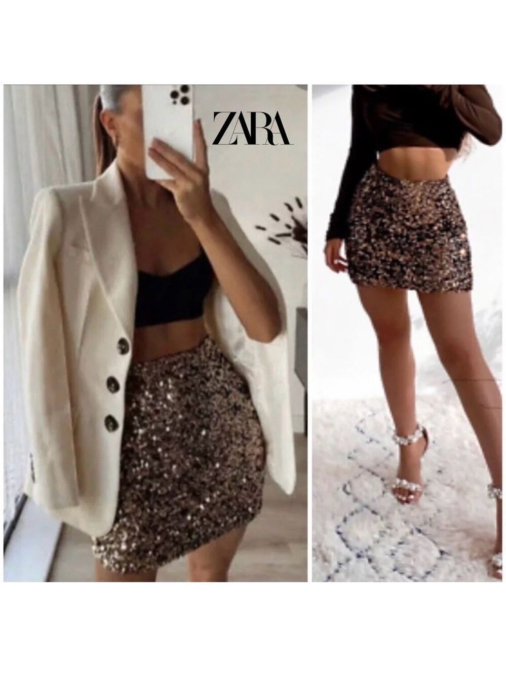 Zara Gold sequin metallic miniskirt stretchy Sz S lined side zip closure sparkly